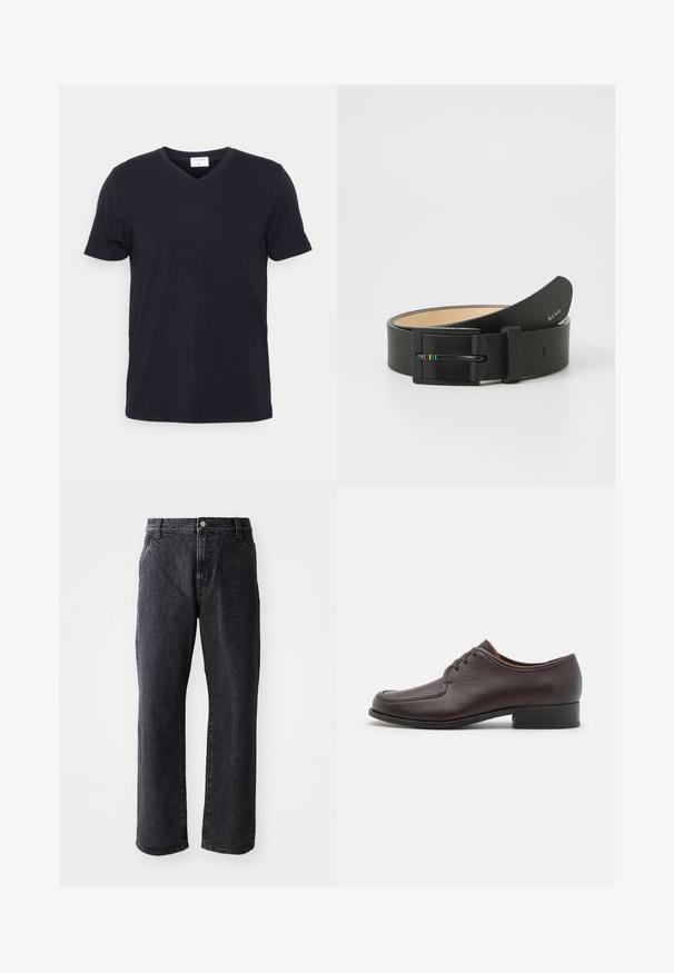 Sort v-hals t-shirt lavet af bomuld, med korte ærmer og en afslappet pasform. Enkel design, uden mønstre eller yderligere accenter.; Sorte denim jeans med lige snit, med knaplukning, fem lommer og subtil tekstur. Klassisk design uden fremtrædende mønstre.; Brune lædersko til mænd med en glat overflade, rund tå og lukket snørebåndsdesign. Har en lav, stablet hæl og diskrete syninger.; Paul Smith MEN BELT STRIPE BUCKLE - Bælter - black