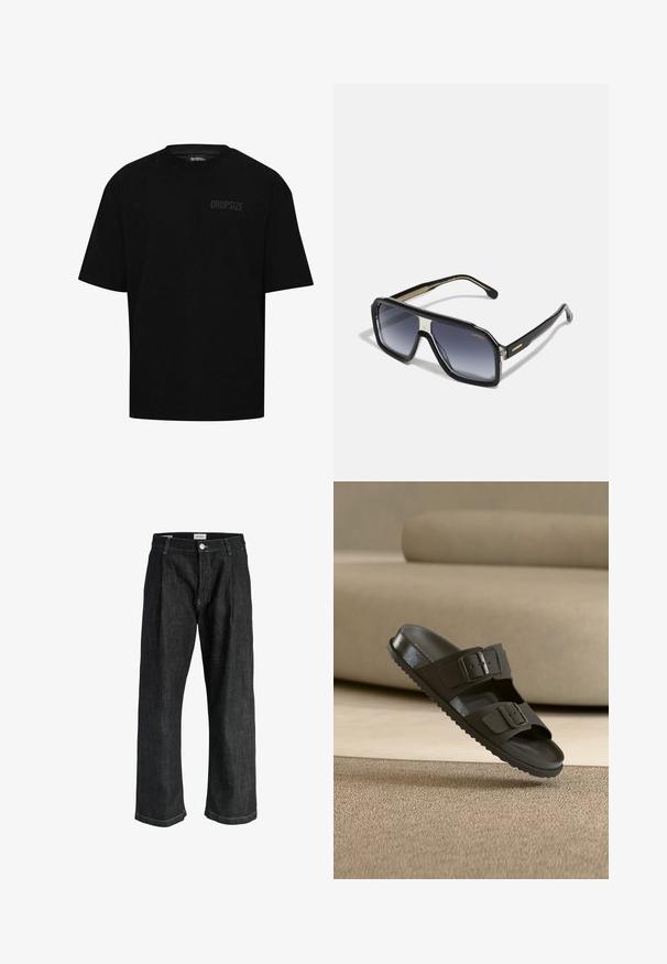 T-shirt en coton noir à manches courtes, col rond et logo discret "DROPSIZE" sur le côté gauche de la poitrine. Coupe standard.; Jean en denim noir à jambe droite avec plis sur le devant, fermeture par boutons, passants pour ceinture et surpiqûres blanches visibles.; Sandales noires à enfiler avec deux brides réglables à boucle, semelle texturée et semelle extérieure rainurée, posées sur un fond neutre.; Carrera CARRERA 1053/S - Lunettes de soleil - black/grey