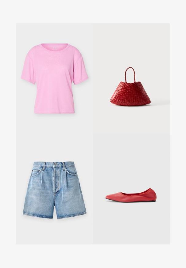 T-shirt en coton rose clair à manches courtes, col rond, coupe ample, avec étiquette visible de la marque GAP à l'intérieur du col.; Shorts en denim bleu clair à taille haute, présentant une fermeture à bouton et à zip, des poches avant et un ourlet effiloché.; Filippa K REY FLATS - Ballerines - bright red; Sac à main en cuir tressé rouge avec une forme triangulaire arrondie et deux poignées tressées sur fond blanc.