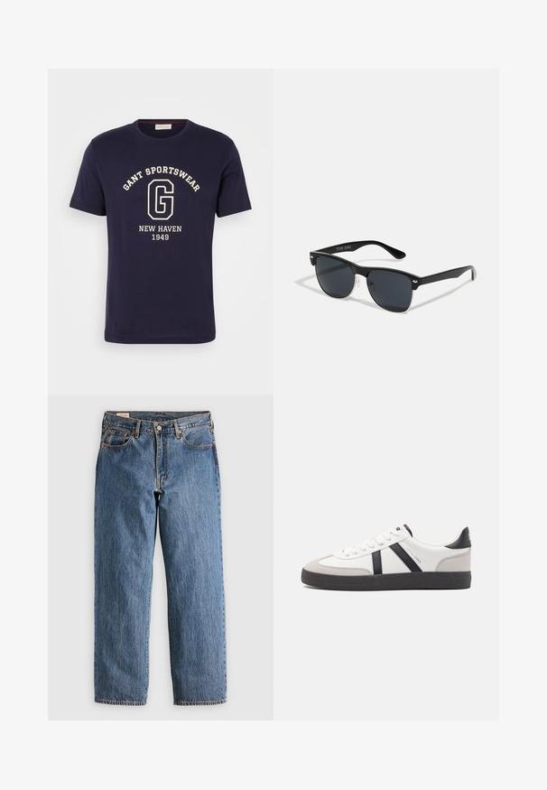 Navy Baumwoll-T-Shirt mit einem weißen Grafikdruck, auf dem "GANT SPORTSWEAR", "NEW HAVEN" und "1949" steht. Rundhalsausschnitt und kurze Ärmel.; Blaue Jeans aus Denim mit geradem Schnitt, hohem Bund, kupfernen Nieten und orangefarbener Naht. Mit Vorder- und Hintertaschen.; Weiße Sneaker mit schwarz- und grau-aczenten, ausgestattet mit einer strukturierten grauen Zehenkappe, schwarzer Gummi-Sohle und flachen weißen Schnürsenkeln. Sauberes Design, minimalistische Stil.; Schwarze Sonnenbrille mit rechteckiger Form, dunklen Gläsern, silbernen Akzenten an den Bügeln und mattierter Oberfläche des Rahmens.