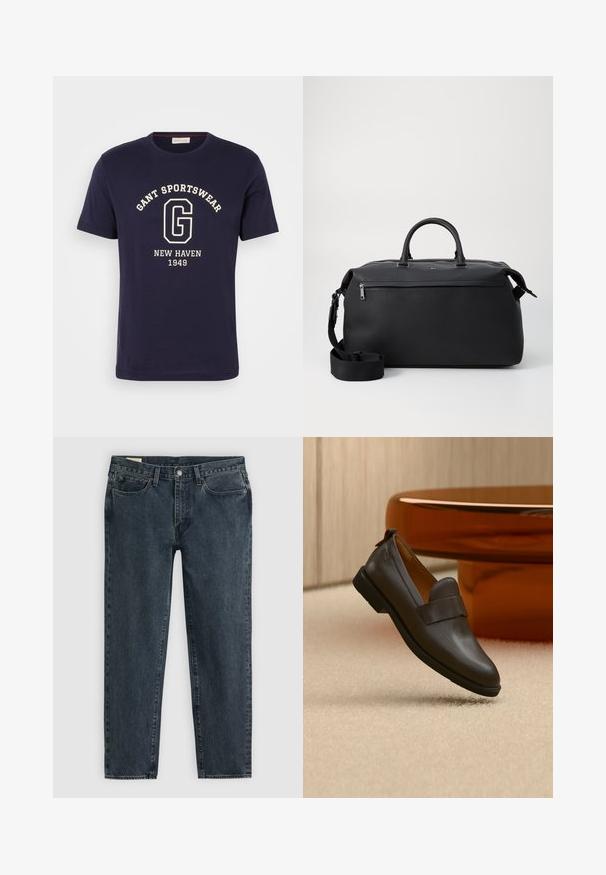 Marineblauw katoenen T-shirt met een witte opdruk van "GANT SPORTSWEAR," "NEW HAVEN," en "1949." Ronde halslijn en korte mouwen.; Donkerblauwe denim jeans met een rechte pasvorm, vijf zakken en een knoopsluiting. Subtiele vervaging voegt textuur toe aan de stof.; Donkerbruine leren loafer met een lage hak zwevend boven een beige tapijt, naast een glanzende, afgeronde, amberkleurige tafel.; Zwarte leren reistas met twee bovenhandvaten, een afneembare schouderband en een ritsvak aan de voorkant voor extra opbergruimte.