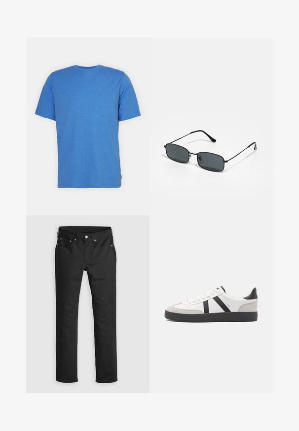 Camiseta de manga corta y cuello redondo en azul sólido. Fabricada con una tela suave y transpirable, de textura lisa y sin patrones ni adornos.; Pantalones de mezclilla negros con un corte recto, que presentan una cremallera, cinco bolsillos y acentos de botones metálicos. Textura suave.; Zapatilla blanca con acentos en negro y gris, que presenta una puntera texturizada en gris, suela de goma negra y cordones planos blancos. Diseño limpio, estilo minimalista.; Gafas de sol rectangulares negras con marco delgado de metal y lentes oscuros apoyadas sobre una superficie blanca.