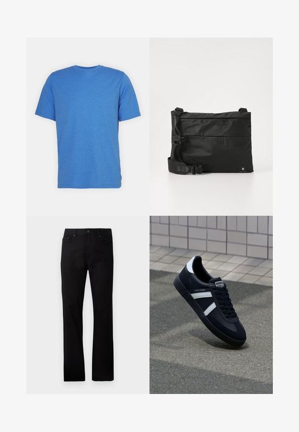 Korte mouwen, ronde hals t-shirt in effen blauw. Gemaakt van zachte, ademende stof met een gladde textuur en zonder patronen of accenten.; Zwarte rechte jeans gemaakt van denim, met een voor sluiting met knoop, twee zijzakken en een gladde textuur.; Zwarte leren sneaker met witte strepen, een gestructureerde rubberen zool en vetersluiting aan de voorkant. Voorzien van een merklabel op de tong.; Zwarte nylon boodschappentas met verstelbare riem, plat ontwerp en een zijlabel met een logo. Soepele textuur en minimalistische stijl.