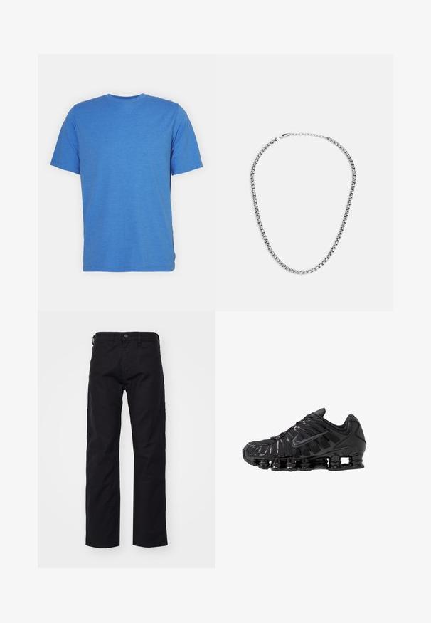 Kurzarm-T-Shirt mit Rundhalsausschnitt in einfarbigem Blau. Hergestellt aus weichem, atmungsaktivem Stoff mit glatter Oberfläche und ohne Muster oder Akzente.; Schwarze Canvas-Hosen mit geradem Bein, ausgestattet mit einem frontalen Knopfverschluss, Gürtelschlaufen und Seitentaschen. Die Textur ist glatt und strapazierfähig.; Schwarze Sportschuhe aus Mesh- und synthetischen Materialien mit einem markanten wellenförmigen Design, schwarzer Gummisohle und reflektierenden Akzenten.; Fossil JEWELRY NECKLACE - Halskette - silver-coloured