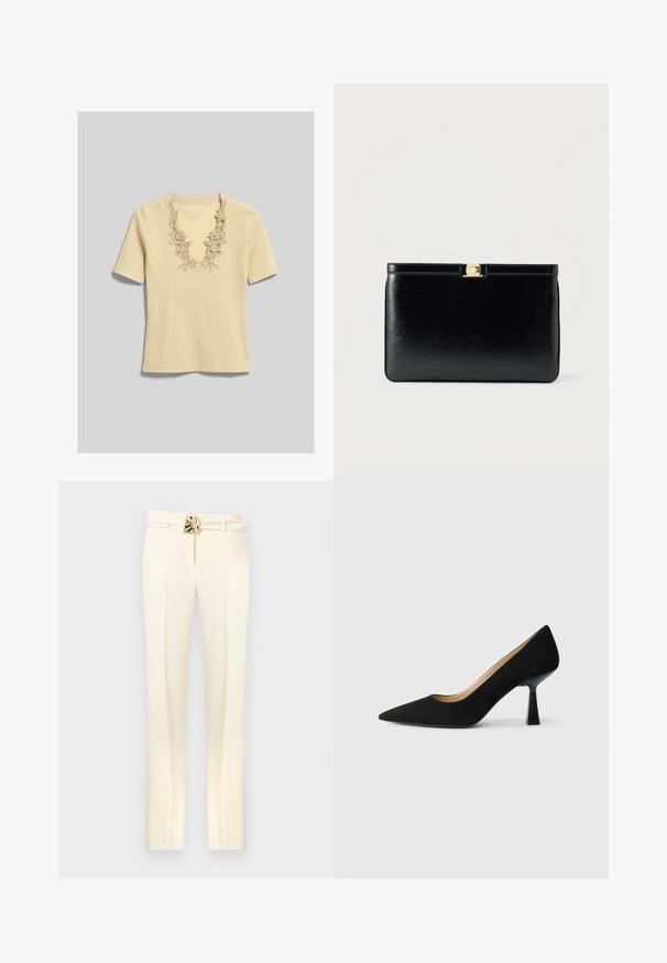 Cream short-sleeve ribbed knit top with deep V-neckline featuring floral lace trim detailing.; Cream-colored tailored trousers with a belted waist featuring gold-tone hardware, straight legs, and a smooth, soft texture.; Black suede high-heeled pump with a pointed toe, featuring a glossy black block heel and a smooth interior lining.; Black leather rectangular clutch bag with a small gold rectangular clasp on top against a plain light background.