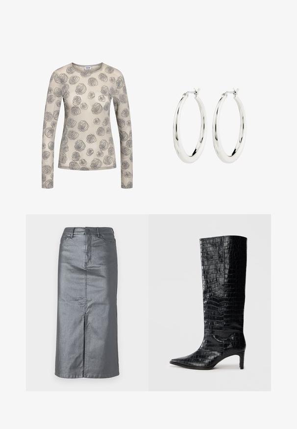 Beige langærmet skjorte med et blomstermønster af grå roser. Lavet af et let, gennemskinneligt materiale med en rund halsudskæring.; Metalgrå denim-nederdel med en lige form, for-slids, fem-lomme design og knaplukning i taljen. Flade sømme er synlige.; Sorte knæhøje støvler med en blank, krokodillemønstret tekstur, spids tå og en affaset hæl. Glat syntetisk materiale.; Sølvøreringe i form af hoops med en glat, blank finish. Cirkulær form, der har en sikker lås. Simpelt og elegant design.