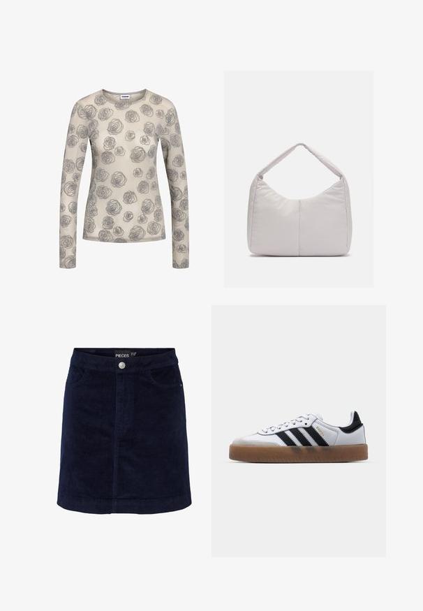 Beige langærmet skjorte med et blomstermønster af grå roser. Lavet af et let, gennemskinneligt materiale med en rund halsudskæring.; Marineblå fløjl mini nederdel med en let A-form, der har knaplukning foran og to forlommer. Glat tekstur med synlige ribber.; Hvide lædersneakers med sorte striber, gummirubber sål, rund tå, snørelukning og blød grå ruskinds tåhætte.; Lys grå polstret skuldertaske med en buet form, der har en enkelt håndtag og en glat, textured overflade. Simpelt design uden yderligere hardware.