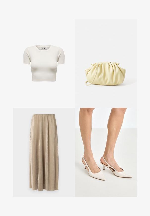 Cremefarvet kortærmet ribbet crop top med rund halsudskæring og JDY brandlabel inden i kraven, vist på hvid baggrund.; Plisseret beige midi-skjørt med elastisk talje, der har lodrette striber og en flydende silhuet for nem bevægelse.; Beige patenterede læder slingback hæle med spids tå og 5 cm hæl, med udskårne sider og en tynd ankelrem.; Gul plisseret håndtaske lavet af glat kunstlæder, med en blød form, en enkelt skulderrem og samlet topdesign.