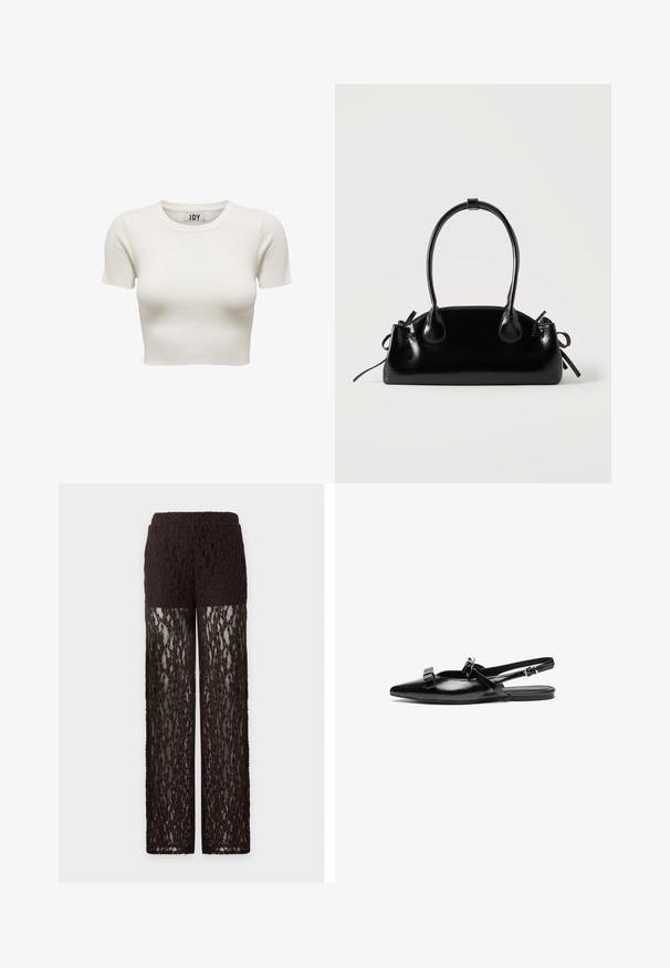 Crop top court crème à manches courtes en tissu côtelé avec col rond et étiquette de marque JDY à l'intérieur du col, présenté sur fond blanc.; Pantalon en dentelle marron avec partie haute de la cuisse opaque et jambes en dentelle transparente, coupe droite et taille élastique.; Chaussure plate à bride arrière en cuir noir avec un bout pointu, ornée de volants sur le avant-pied et d'une sangle à cheville réglable. Texture de surface lisse.; Petit sac à main noir brillant avec deux longues anses et des détails à cordon sur les côtés sur un fond clair uni.