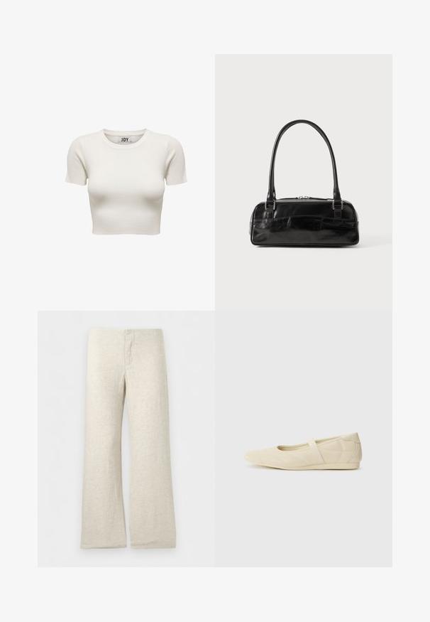 Cremefarbiges kurzärmeliges geripptes Crop-Top mit Rundhalsausschnitt und JDY-Markenlabel innen am Kragen, auf weißem Hintergrund präsentiert.; Beige Leinenhose mit weitem Bein, flacher Taille und abgestepptem Reißverschluss, vor einfarbig weißem Hintergrund dargestellt.; Beige Ballerinas aus glattem Leder mit mandelförmiger Zehenpartie und elastischem Riemen über dem Fußrücken, ausgestattet mit dezenten Nähtelementen.; Schwarze Lederhandtasche in rechteckiger Form, mit einem stabilen Griff, silbernem Zubehör und Reißverschluss. Glatte Textur.