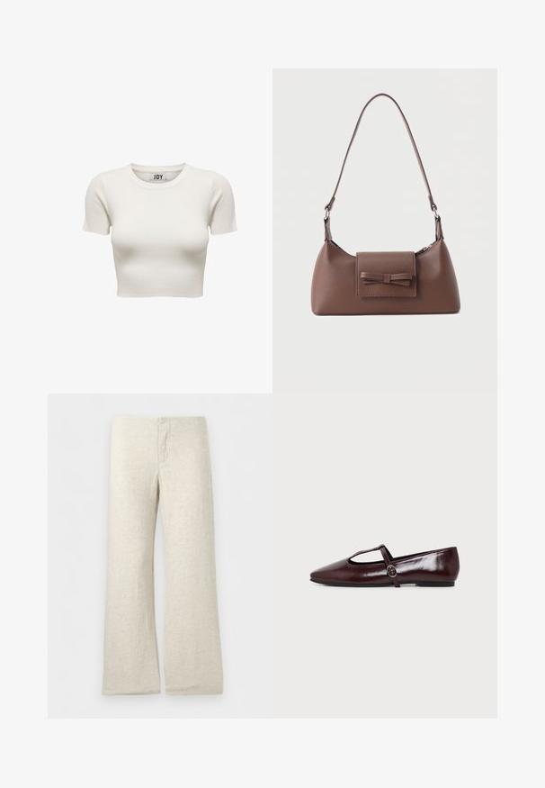 Crèmekleurige korte mouwen geribbelde crop top met ronde hals en JDY merklabel binnenin de kraag, weergegeven op witte achtergrond.; Beige linnen broek met wijde pijpen, voorzien van een platte tailleband en gestikte gulp, afgebeeld op een effen witte achtergrond.; Donker bordeauxrode leren platte schoen met een puntige neus en een dunne T-strap met een zilveren gesp op een witte achtergrond.; Bruine leren schoudertas met een voorvak met klep en een gestikte strikdetail en een verstelbare band.