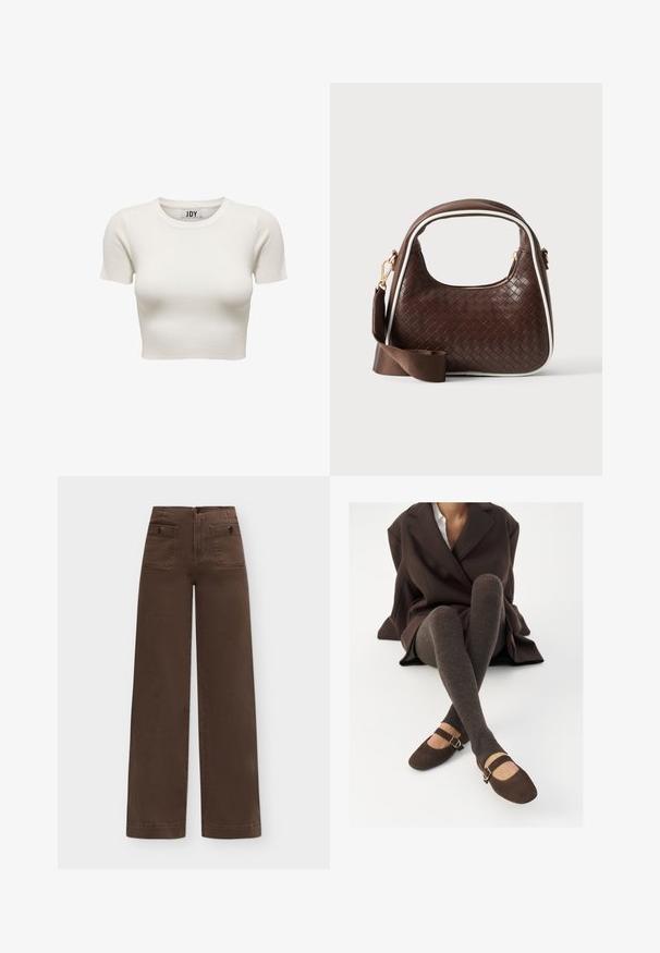 Top corto de canalé color crema con mangas cortas y cuello redondo, con etiqueta de la marca JDY en el interior del cuello, mostrado sobre fondo blanco.; Pantalones marrones de pierna ancha y talle alto con dos bolsillos delanteros con solapa asegurados con botones sobre un fondo liso.; Medias marrones acanaladas hasta la rodilla combinadas con unos zapatos planos Mary Jane de ante marrón, que cuentan con una correa decorativa y hebilla, llevados con un abrigo oscuro.; Bolso de mano de piel trenzada marrón con ribete blanco, cremallera dorada y correa de hombro de tela marrón desmontable.