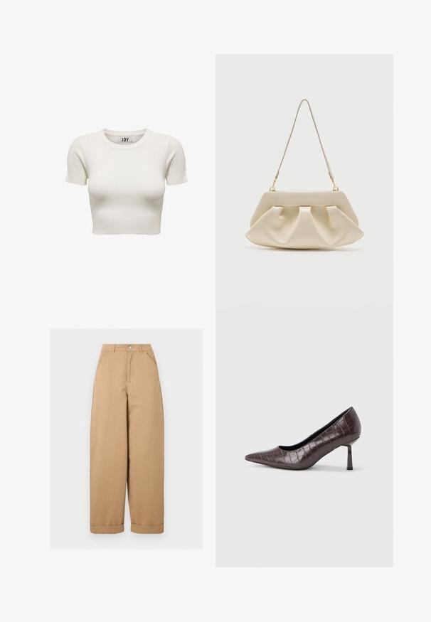 Cremefarvet kortærmet ribbet crop top med rund halsudskæring og JDY brandlabel inden i kraven, vist på hvid baggrund.; Beige vidde bukser med høj talje, forlommer, bæltestropper, knaplukning og opsmøgede benkanter.; Brune kunstlæder stiletter med spidse tæer og krokodilletekstur, der har en slank, vinklet hæl og en glat inderside.; Kremfarvet blød clutch-taske med samlet plissering og en tynd skulderrem med guldfarvet hardware.