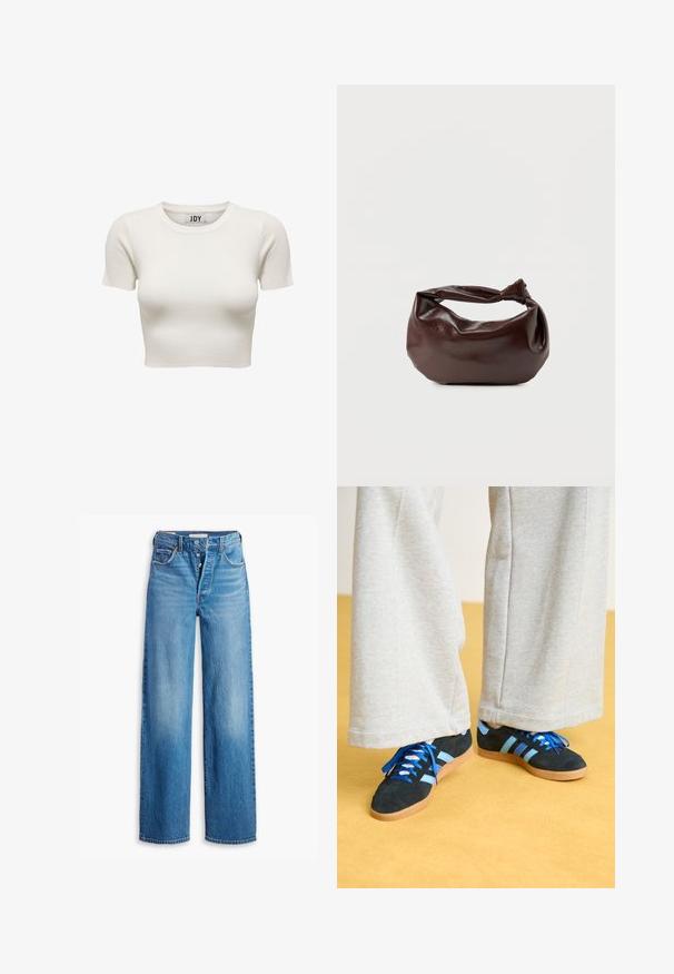 Top corto de canalé color crema con mangas cortas y cuello redondo, con etiqueta de la marca JDY en el interior del cuello, mostrado sobre fondo blanco.; Vaqueros de mezclilla azul con una cintura alta, diseño de pierna ancha y estilo de cinco bolsillos. Presenta una cremallera de botón y un acabado deslavado.; Zapatillas de ante negras y azules con cordones azules y acentos a rayas, combinadas con pantalones de pierna ancha gris claro, sobre un suelo amarillo.; Bolso de hombro de cuero marrón oscuro con una forma suave y caída, y un asa con nudo torcido sobre un fondo blanco liso.