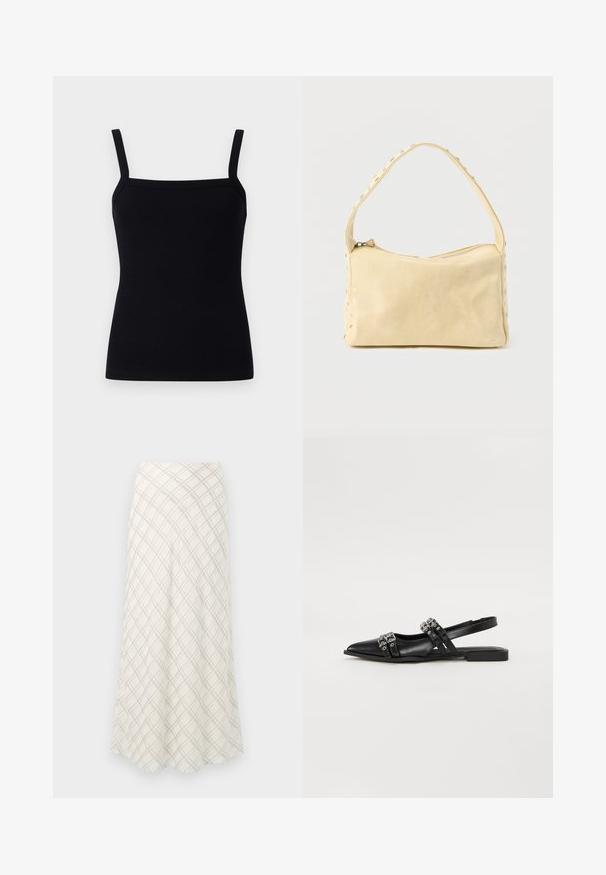 Sort ribbet tanktop med justerbare stropper, firkantet udskæring og et tætsiddende design, der krammer kroppen, lavet af et strækbart stof.; Lang, cremefarvet nederdel med et diagonalt ternet mønster i grå. Strømmende design med en glat tekstur, der flares ud mod kanten.; Even&Odd by Zalando Slingback-ballerinasko - black; Lille beige læderhåndtaske med en enkelt rem og sølvnitter langs kanterne og remmen, sat mod en ensfarvet baggrund.