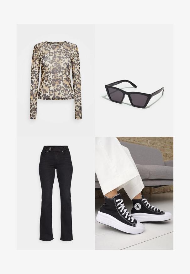 Langærmet top i et gennemsigtigt stof med leopardmønster i nuancer af beige, brun og sort. Rund halsudskæring, tætsiddende design.; Sorte denim flared jeans med høj talje, to forlommer og kontrasterende metalknapper. Glat tekstur med let stræk.; Sorte sneakers med højt skaft, hvide gummisåler og snørebånd. Har en rund logo-patch og kontrasterende hvide syninger. Fremstillet af lærredsmateriale.; Sorte, kantede solbriller med grå linser; lavet af plast, med tykke stænger med en glat overflade og ingen synlig hardware.