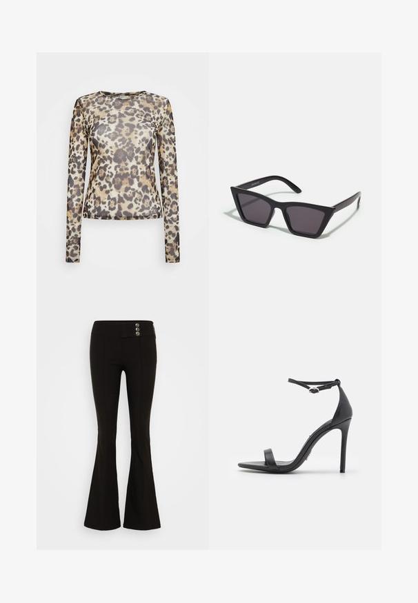 Top de manga larga en una tela transparente con un estampado de leopardo en tonos de beige, marrón y negro. Cuello redondo, diseño ajustado.; Pantalones acampanados negros hechos de una tela elástica, con una cintura lisa, dos botones metálicos en la parte delantera y un bolsillo con cremallera en el lateral.; Sandalias de tacón alto negras con punta abierta, tiras delgadas y hebilla en el tobillo. Textura de cuero suave con un diseño de punta afilada.; Gafas de sol negras y angulares con lentes grises; fabricadas en plástico, con varillas gruesas de superficie suave y sin herrajes visibles.