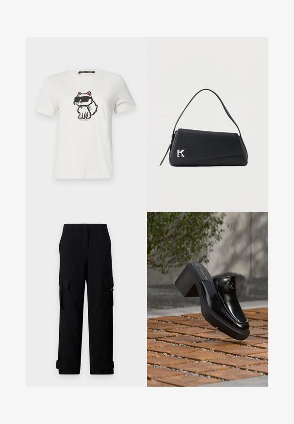 Weißes Baumwoll-T-Shirt mit einer Cartoon-Katze, die rote Akzente und eine dunkle Sonnenbrille trägt. Rundhalsausschnitt und kurze Ärmel.; Schwarze Cargo-Hosen mit weitem Bein, ausgestattet mit zwei Seitentaschen und umgeschlagenen Bündchen. Hergestellt aus robustem Stoff mit glatter Textur.; Schwarze Leder-Slip-on-Mule von Calvin Klein mit Blockabsatz, die auf Holzfliesen im Freien nahe einer grünen Pflanze und einer grauen Wand ruht.; Schwarze Lederhandtasche mit einem schmalen Riemen, dreieckiger Klappe und silbernem dekorativem "K"-Detail an der vorderen Ecke.