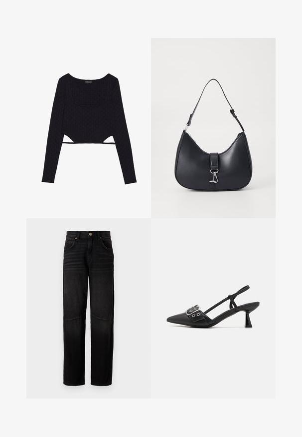 Sort cropped langærmet top med et tekstureret sekskantet mønster, scoop halsudskæring og udskårne detaljer i kanten. Blødt, strækbart stof.; Sorte denimjeans med lige ben, fem lommer, knaplukning og subtile falmede detaljer ved lårene og knæene.; Simmi London DALA - Pumps - black; Pieces PCLIKA SHOULDER BAG - Håndtasker - black