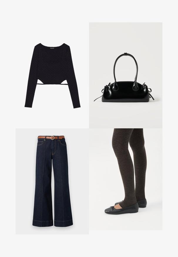 Sort cropped langærmet top med et tekstureret sekskantet mønster, scoop halsudskæring og udskårne detaljer i kanten. Blødt, strækbart stof.; Mørkeblå denim wide-leg jeans med høj talje, brun bælte og synlige syningsdetaljer. Har forlommer og en afslappet pasform.; Ben iført mørke ribbede leggings kombineret med sorte balletsko med små sløjfedetaljer på hvid baggrund.; Lille sort blank håndtaske med to lange håndtag og snøre-detaljer i siden på en ensfarvet lys baggrund.