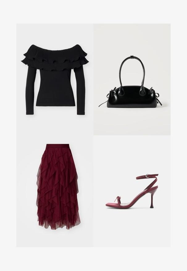 Top noir à manches longues, épaules dénudées, avec un col à volants double couche, silhouette ajustée et texture côtelée sur les volants.; Jupe en tulle bourgogne avec plusieurs volants superposés, une taille large et une silhouette fluide. Son tissu léger et texturé accentue le mouvement.; Sandale à talon haut bordeaux avec fines lanières, boucle à la cheville et petit nœud sur la lanière avant.; Petit sac à main noir brillant avec deux longues anses et des détails à cordon sur les côtés sur un fond clair uni.