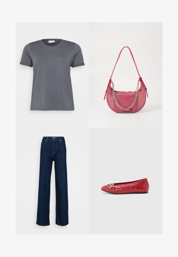 Graues kurzärmliges T-Shirt aus weichem Material mit klassischem Rundhalsausschnitt und aufgerollten Ärmeln. Glatte Textur ohne sichtbare Muster.; Dunkelblaue High-Waist weit geschnittene Jeans mit vorderen Taschen, Gürtelschlaufen und kontrastierenden Nähten auf einem schlichten hellen Hintergrund.; Roter flacher Lederschuh mit spitz zulaufender Spitze, dekorativen Doppelriemen mit Schnallen und schwarzer Sohle, seitlich auf weißem Hintergrund abgebildet.; Rote perforierte Handtasche in gewölbter Form, mit einem silbernen Kettenakzent und einem passenden Schultergurt. Logo auf der Vorderseite.