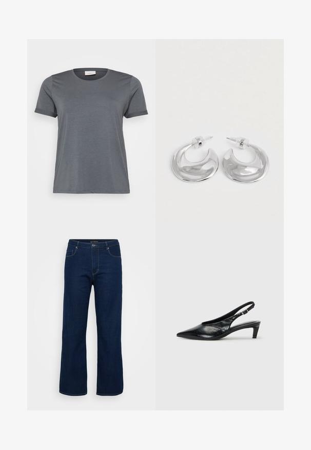 Camiseta gris de manga corta hecha de una tela suave, con un clásico escote redondo y mangas enrolladas. Textura lisa sin patrones visibles.; Vaqueros de mezclilla azul oscuro con un diseño de corte recto, que cuentan con una cremallera, cinco bolsillos y detalles de costura visibles.; Tacón de piel negra tipo slingback con punta afilada, tacón bajo tipo kitten y correa ajustable con hebilla. Textura suave con un detalle mínimo.; Un par de pendientes de aro en forma de media luna pulidos en plata, con respaldos de plástico transparente, sobre una superficie blanca.