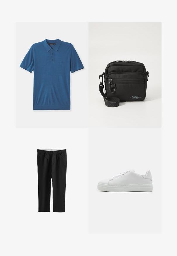 Blauwe polo in zachte stof, met een kraag, drie knopen en korte mouwen. Subtiel logo op de borst.; Zwarte op maat gemaakte broek met voorvouwen, zijzakken, knoopsluiting en taillebanddetails.; Witte leren sneaker met een chunky platformzool, ronde neus en zes veterogen. Gladde textuur met subtiele stiksels.; Zwarte stoffen schoudertas met twee ritscompartimenten, verstelbare riem en subtiel logo in het blauw op de voorkant.