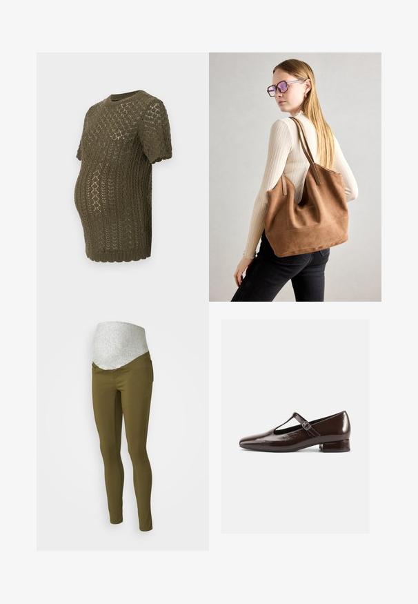 Olive roheline kudum maternity top, millel on tekstureeritud diamantmustrit, lühikesed varrukad ja laineline äär, loodud kasvavale kõhule.; Oliivroheline rasedusleggingide paar, millel on hall veniv paneel vööl, kitsas sobivus ning nähtavad riistvara või taskud puuduvad.; Pruun läikiva nahaga Mary Jane stiilis kingad ümarate esiosade, lõikekujunduse ja reguleeritava rihmaga. Madal plokktald.; Pruunist suedi kott pehme tekstuuriga, suure ava ja pikkade rihmadega. Omab lihtsat disaini nähtava õmblusega ja ilma metalldetailideta.