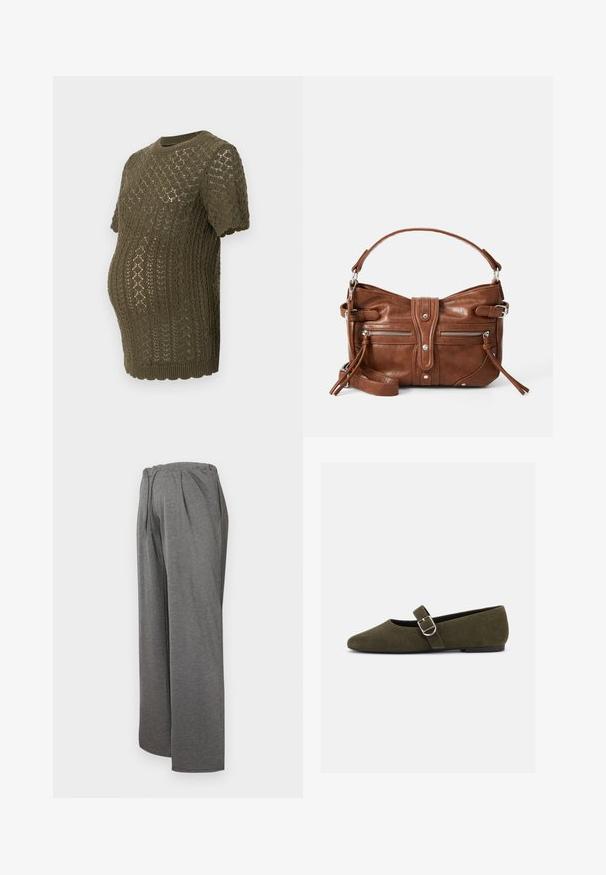 Olive roheline kudum maternity top, millel on tekstureeritud diamantmustrit, lühikesed varrukad ja laineline äär, loodud kasvavale kõhule.; Hallide, laiad hallid püksid, mis on valmistatud pehmest ja kergest kangast. Omavad elastset vööd ja ees olevaid volduseid, mis tagavad mugava istuvuse.; Oliivroheline seemisnahast Mary Jane platvormking hõbedase pandlaga ja ümardatud varbaga, valgel taustal.; Pruun nahast kott ümarate joontega, kahe esifrihmapesaga ja eemaldatava õlarihmaga. Omab hõbedase tooni riistvara ja õmblusi.