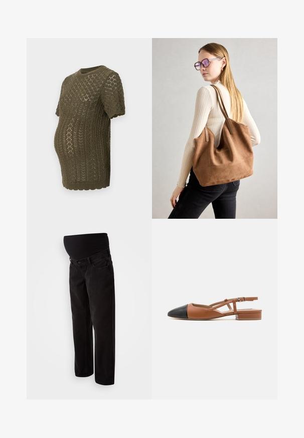 Olive roheline kudum maternity top, millel on tekstureeritud diamantmustrit, lühikesed varrukad ja laineline äär, loodud kasvavale kõhule.; Mustad rasedusjeansid veniva kõhupaneeliga, klassikalise viie tasku ja sirge säärega disain. Pehme denimpind.; Steve Madden BELINDA - Kannarihmaga baleriinad - brown/black; Pruunist suedi kott pehme tekstuuriga, suure ava ja pikkade rihmadega. Omab lihtsat disaini nähtava õmblusega ja ilma metalldetailideta.