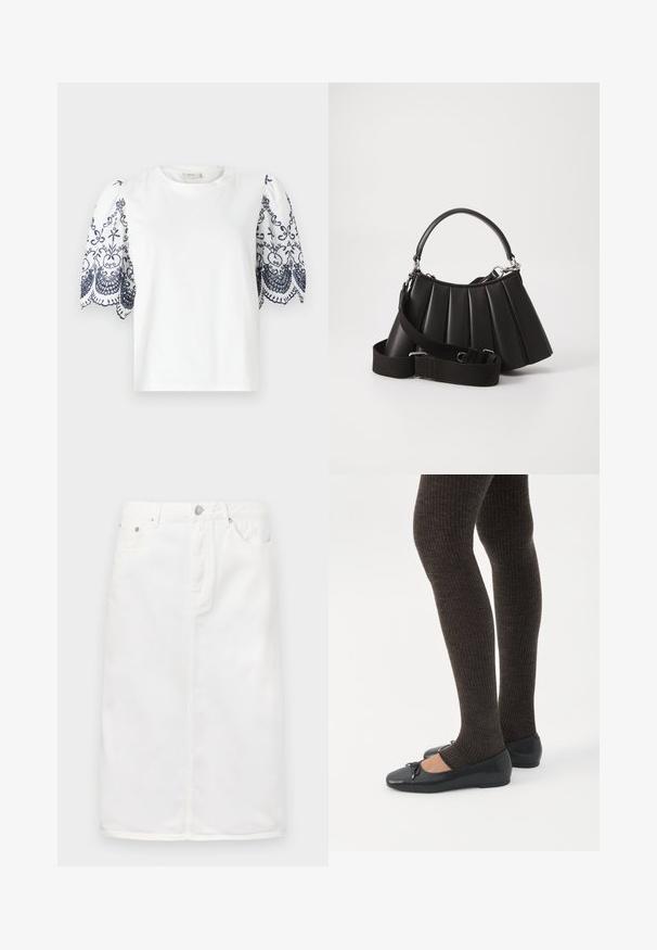 Witte t-shirt met pofmouwen, voorzien van ingewikkelde marineblauwe bloemenborduursels langs de zoom. Van zacht katoen, met een ronde halslijn en een casual pasvorm.; Witte denim rok met een ritssluiting aan de voorkant, vijf-pocket ontwerp en een rechte silhoutte met stikselaccenten.; Benen met donkere geribbelde leggings gecombineerd met zwarte ballerina's met kleine strikdetails op een witte achtergrond.; Zwarte geplooide handtas met een ronde handgreep, verstelbare schouderriem en glanzende textuur. Heeft zilveren hardware en een gestructureerde silhoutte.