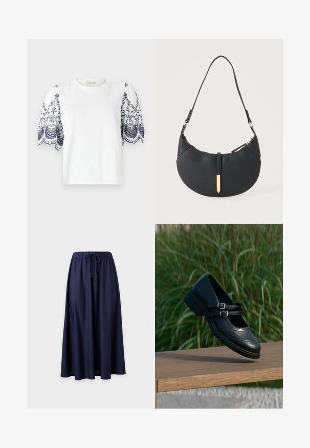 Witte t-shirt met pofmouwen, voorzien van ingewikkelde marineblauwe bloemenborduursels langs de zoom. Van zacht katoen, met een ronde halslijn en een casual pasvorm.; Marineblauwe lange rok met elastische tailleband en vetersluiting aan de voorkant, vloeiende stof met een lichte uitlopende zoom.; Zwarte leren Mary Jane-schoen met dubbele gespsluitingen en brogue-details, zwevend boven een houten bankje met groene grasachtergrond.; Zwarte handtas in halve maanvorm met een enkele band, gouden rits en een gouden rechthoekige decoratieve tab aan de voorkant.