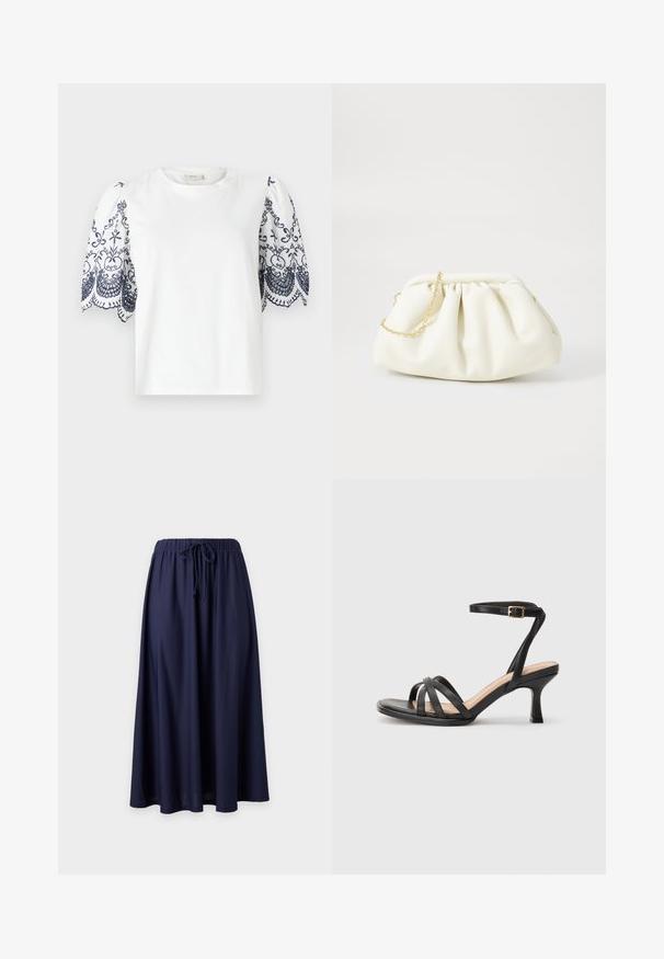 T-shirt blanc avec manches bouffantes présentant une broderie florale bleu marine délicate le long de l'ourlet. Matière en coton doux, col rond, coupe décontractée.; Jupe longue bleu marine avec taille élastique et cordon à nouer à l'avant, tissu fluide avec une légère évasement à l'ourlet.; Sandales à talons noirs avec plusieurs fines lanières sur le bout, une seule lanière à la cheville avec une boucle dorée, et un bout carré.; Sac à main en cuir blanc avec un design plissé, doté d'une bandoulière en chaîne dorée et d'une forme arrondie. Texture lisse avec des plis doux et sans motifs.