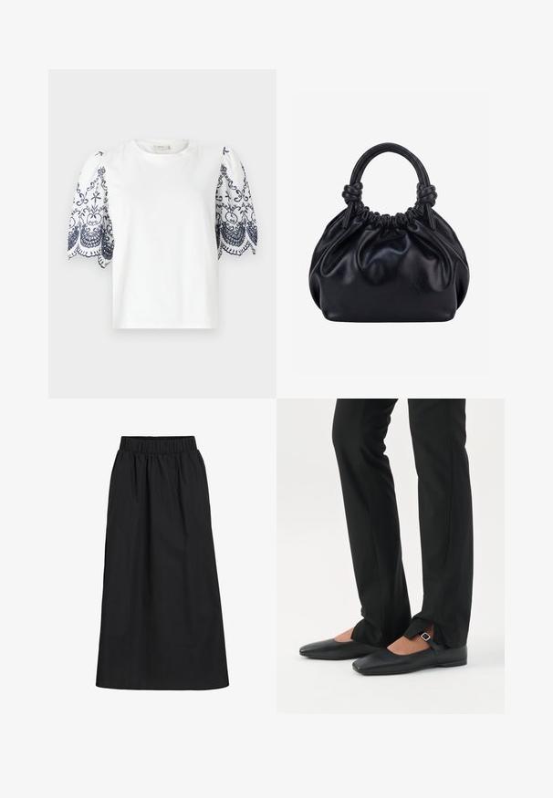 T-shirt blanc avec manches bouffantes présentant une broderie florale bleu marine délicate le long de l'ourlet. Matière en coton doux, col rond, coupe décontractée.; Jupe noire, longueur genoux, fabriquée en tissu doux et léger. Comprend une taille élastique et un design simple et fluide sans embellissements.; Jambes vêtues d’un pantalon slim noir avec des fentes à l’avant de l’ourlet, assorties à des chaussures plates Mary Jane noires avec une petite bride à boucle.; Sac à main en cuir noir souple avec le dessus froncé et deux grosses poignées nouées sur un fond uni clair.