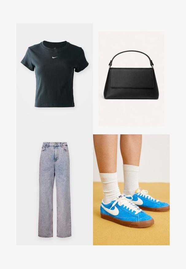 Kortærmet, cropped sort ribbet t-shirt lavet af blødt stof, med et lille hvidt Nike-logo på brystet.; Lyseblå denimbukser med en afslappet, lige skæring, der har høj talje, fem-lomme design og bronze knapdetaljer.; Blå ruskind Nike sneakers med hvide detaljer, flade snørebånd og brune gummisåler, parret med ribbede hvide sokker.; Sort læderhåndtaske med en topklap, trapezform og et enkelt buet håndtag fastgjort med metalringe.