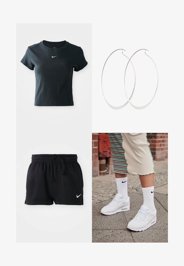 Korte mouw, cropped zwart geribbeld t-shirt gemaakt van zachte stof, met een klein wit Nike-logo op de borst.; Zwarte sportieve shorts van zacht materiaal, met een elastische tailleband en koord, zijsplitten en een klein wit logo op de zoom.; Witte Nike Air Max 90 sneakers met een bovenwerk van mesh en leer, voorzien van een zichtbare luchtunit, gecombineerd met witte geribbelde sokken met een zwart logo.; Zilveren oorringen met een dun, glad ontwerp; langwerpige ovale vorm; gepolijste afwerking; voorzien van een veilige haaksluiting.