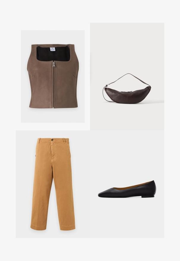 Veste courte marron sans manches en cuir synthétique avec fermeture éclair devant et encolure carrée, doublure intérieure noire et étiquette de la marque à l'intérieur.; Pantalon décontracté marron à jambes droites avec passants pour ceinture, fermeture par bouton et poches latérales sur fond blanc.; Chaussure plate en cuir noir à bout pointu avec talon bas et finition lisse, vue de côté sur un fond gris clair.; Sac d'épaule en cuir marron foncé en forme de croissant avec une lanière courbée et des coutures visibles sur fond uni.