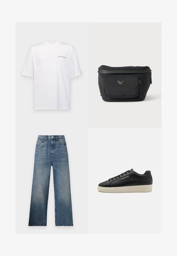 Weißes kurzärmliges T-Shirt aus Baumwolle mit V-Ausschnitt, mit einem schwarzen "FILLING PIECES" Logo, das auf der linken Seite gedruckt ist.; Blaue Denim-Hosen mit weitem Bein und hohem Bund, mit subtilen Verfärbungen, fünf Taschen und einem Metallknopfverschluss vorne.; Schwarze Leder-Sneaker mit glatter Oberfläche, kontrastierender cremefarbener Sohle, abgerundeter Spitze, goldfarbenem Logo an der Seite und sechs Ösen für die Schnürsenkel.; Schwarze Bauchtasche mit Frontreißverschlusstasche und silbernem Adlerlogo, glattes Gewebe mit strukturiertem Besatz und Reißverschlussanhängern.
