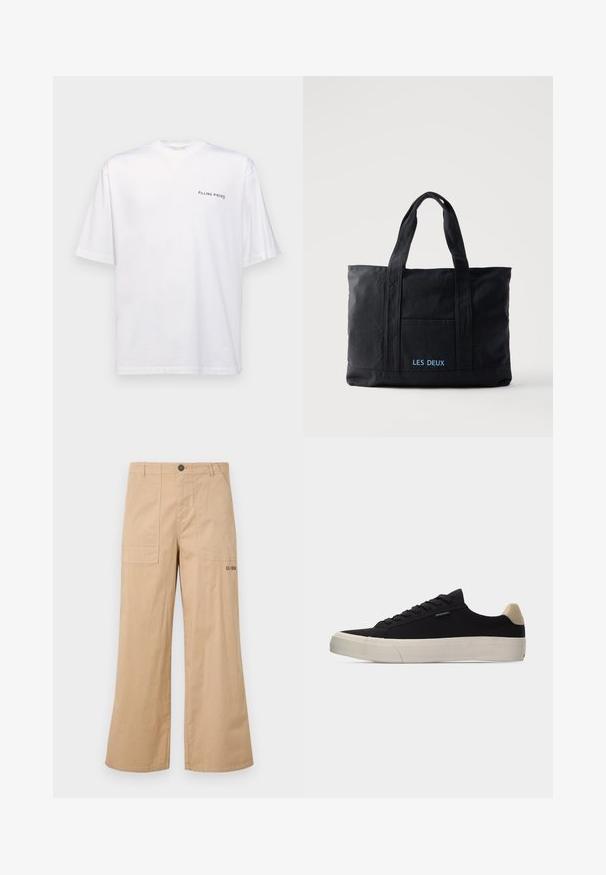 Valge lühikeste varrukatega T-särk puuvillast, V-kaelusega, millel on must "FILLING PIECES" logo trükitud vasakule poole.; Beige puuvillased laiad cargo-püksid ees taskutega ja logoga tagaosal. Kerge materjal, millel on sile tekstuur.; Must madal tennisking beezha kannaosas, valge paks kummipõhi, mustad paelad ja väike "PS Paul Smith" silt küljel.; Mustast lõuendist õlakott kahe sangaga, esitasku ja sinise tikandiga "LES DEUX" esitaskul.