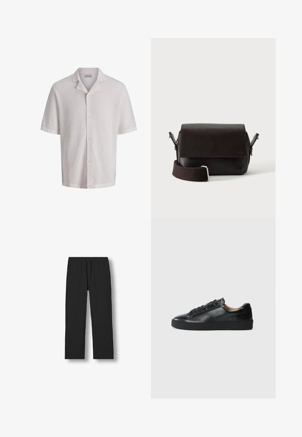 Chemise blanche en maille à manches courtes avec boutons et col camp, tissu texturé et étiquette "Jack & Jones" à l'intérieur de l'encolure.; Pantalon noir droit avec taille élastique et cordon de serrage, présenté à plat sur un fond blanc.; Baskets en cuir noir avec une texture lisse, bout rond et fermeture à lacets. Comprend une semelle en caoutchouc épaisse et un minimum de détails de marque.; Sac bandoulière en cuir marron foncé avec fermeture à rabat et sangle en tissu réglable sur fond blanc.