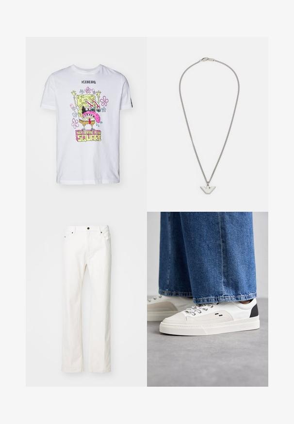 Hvid bomulds t-shirt med et farverigt SpongeBob-tryk og teksten "IKKE BANGE FOR AT VÆRE KVADRATISKE," blomstrede dekorationer og korte ærmer.; Hvide denim jeans med lige ben-design, der har fem-lomme-stil, en metalknaplukning og minimale syninger.; Hvide og sorte sneakers med en glat læderoverdel, teksturerede detaljer og en kraftig hvid sål. Har et klassisk snørebåndsdesign.; Sølv kædende med en trekantet vingeforformet vedhæng med vandrette linjer. Detaljeret tekstur og en klassisk lås.