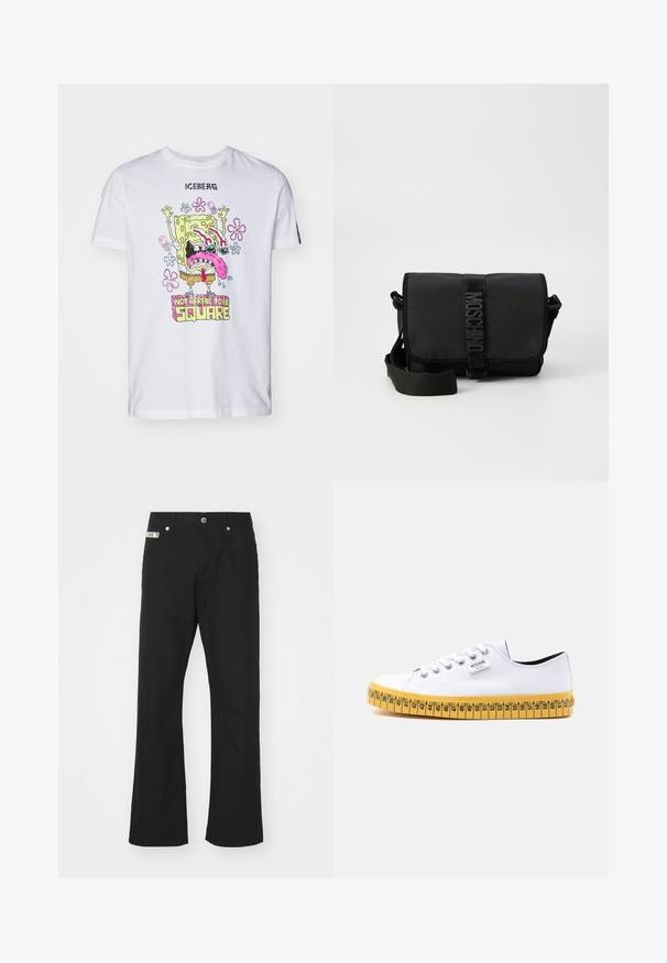 T-shirt en coton blanc avec un graphique coloré de SpongeBob et le texte "PAS PEUR D'ÊTRE CARRE", des accents floraux et des manches courtes.; Pantalons en coton noir avec une coupe droite, dotés d'une fermeture à bouton à l'avant, de deux poches latérales et d'une petite étiquette de marque sur la taille.; Baskets basses en toile blanche avec lacets blancs et semelle jaune, conçues pour ressembler à un ruban à mesurer avec des repères de taille.; Sac bandoulière noir en nylon avec rabat, doté d'une fermeture à bande logo proéminente, d'une bandoulière réglable et de détails de surpiqûres sur les côtés.