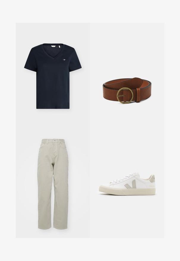 T-shirt bleu marine à manches courtes et col en V avec petit logo brodé sur le côté gauche de la poitrine, design simple, présenté sur un fond uni.; Jean beige à jambe droite en coton avec une texture lisse. Comprend des passants de ceinture, une fermeture à bouton unique et deux poches avant.; Baskets blanches en cuir avec des accents gris en forme de V, semelle en caoutchouc texturé, lacets blancs, et languette et col rembourrés.; Ceinture en cuir marron avec une boucle en laiton ronde, présentant une texture lisse et des coutures contrastées le long des bords.