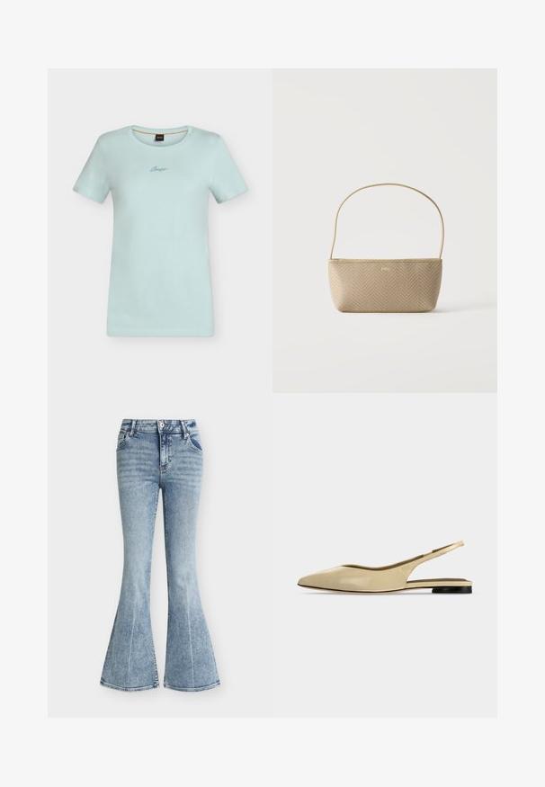 T-shirt bleu clair à manches courtes avec col rond et petit logo en écriture centré sous l'encolure.; Jean en denim bleu clair taille haute avec un lavage délavé, poches avant, fermeture par bouton et zip, et jambes évasées style pattes d'éléphant.; Chaussure plate beige à bout pointu avec bride arrière, petit talon noir et finition en cuir lisse, vue de côté sur un fond uni.; Sac à main tissé beige avec fine bandoulière et petit logo doré "BOSS" à l'avant, présenté sur fond blanc uni.