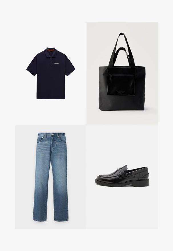 Marineblauw polohemd met korte mouwen, een twee-knopsbies en een klein wit logo op de linkerborst.; Blauwe denim jeans met een recht model, voorzien van een vervaagde wassing, riemlussen, vijf pockets en een klassieke knoopsluiting.; Zwarte leren instappers met een gladde afwerking, ronde neus, lage hak en decoratieve stiksels aan de voorkant. Rubberen buitenzool voor grip.; Zwarte boodschappentas met voorvak met ritssluiting en dubbele handvatten, afgebeeld tegen een effen lichte achtergrond.