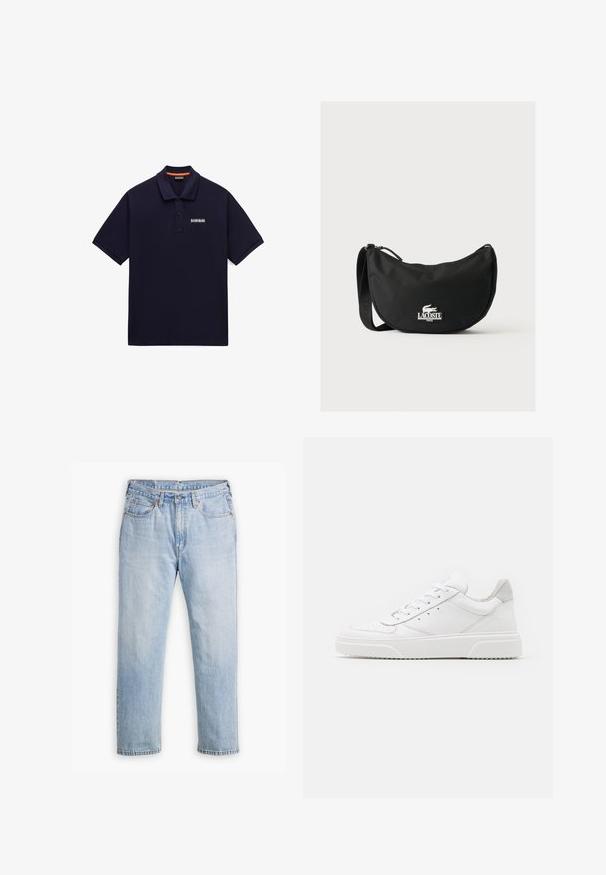 Polo bleu marine à manches courtes avec patte à deux boutons et petit écusson blanc avec logo sur la poitrine gauche.; Jean en denim bleu clair avec une coupe droite, style cinq poches et coutures contrastantes. Fermeture à bouton et à glissière à la taille.; Des baskets en cuir blanc avec une finition lisse, un bout rond, des lacets plats et une semelle texturée. Accents en daim gris au niveau du talon.; Sac à épaule noir Lacoste avec forme incurvée, bandoulière réglable et logo crocodile blanc embossé au-dessus du nom de la marque à l'avant.