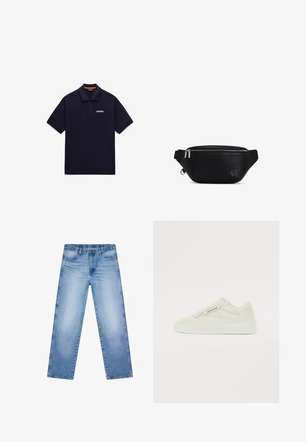 Marineblå polo med korte ærmer, to-knaps lukning og lille hvid logo-patch på venstre bryst.; Lyseblå denimjeans med straight-leg pasform, fem-lomme design, knaplukning og diskret falmet detaljering på forsiden af lårene.; Sneaker med en overdel i kremfarvet ruskind, teksturerede detaljer og en hvid gummisål. Har en rund tå og flade snørebånd. Brandlabel synlig på siden.; Sort læder bæltetaske med tekstureret overflade, udstyret med lynlås, en sølvdetalje foran og en justerbar rem.