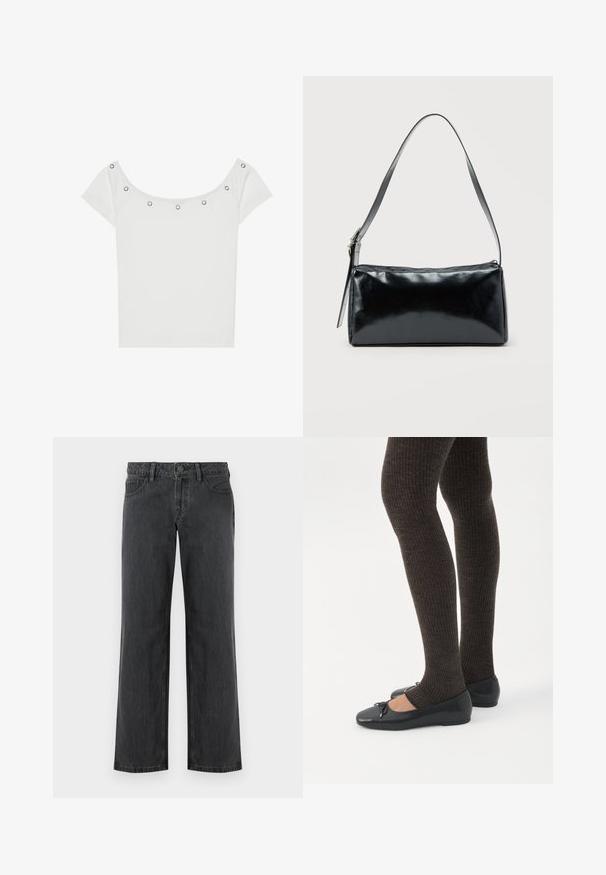 Haut blanc à manches courtes avec une texture côtelée et un large décolleté, présentant cinq œillets en métal argenté le long du bord avant.; Jeans gris foncé à jambes larges en denim, avec une ceinture standard, cinq poches et une fermeture à bouton. Texture lisse et coutures uniformes.; Jambes portant des leggings côtelés foncés associés à des ballerines noires avec de petits détails en nœud sur fond blanc.; Sac d'épaule rectangulaire noir avec une sangle réglable unique et une fermeture éclair supérieure sur un fond uni.