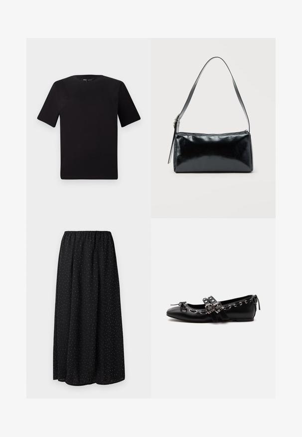 T-shirt noir à manches courtes avec un col rond, fabriqué en coton doux. Design simple, sans logos ni motifs visibles.; Jupe noire en tissu léger avec une taille froncée. Elle présente un motif de petits pois blancs sur l'ensemble du tissu.; Chaussure de ballet plate noire avec doubles brides à boucle, œillets argentés et petit nœud près de l’orteil arrondi sur fond blanc.; Sac d'épaule rectangulaire noir avec une sangle réglable unique et une fermeture éclair supérieure sur un fond uni.